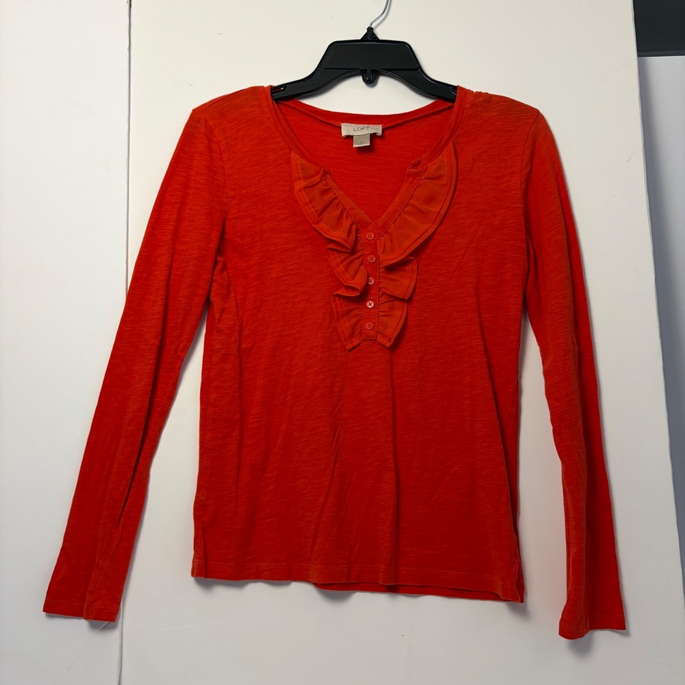 Ann Taylor Loft Petites Orange Ruffle V-Neck Slub Cotton Long Sleeve Top‎ SP